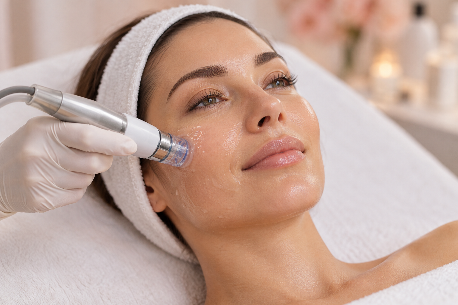 Client receiving a Dermal Infusion PRO Facial with the treatment device on her cheek